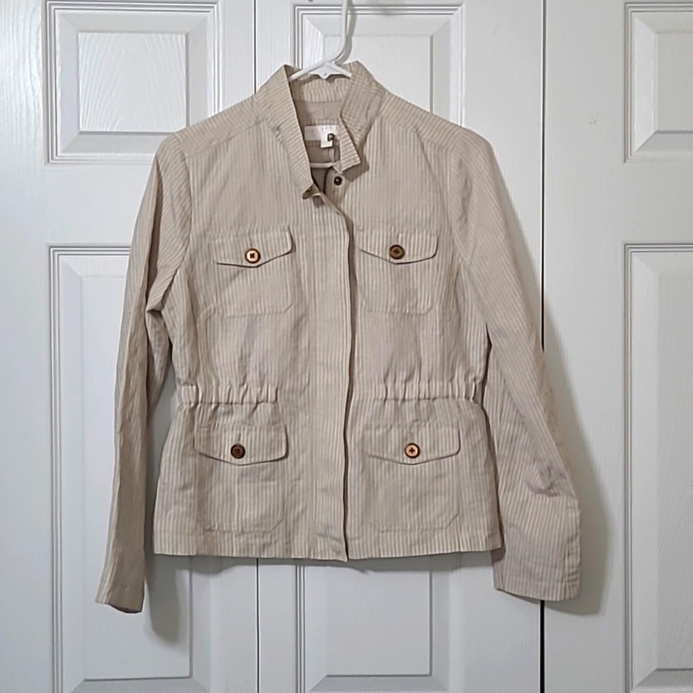 Tan & White Stripe Blazer Jacket, Zip-Up Closure, Approx. Size Medium, Like New